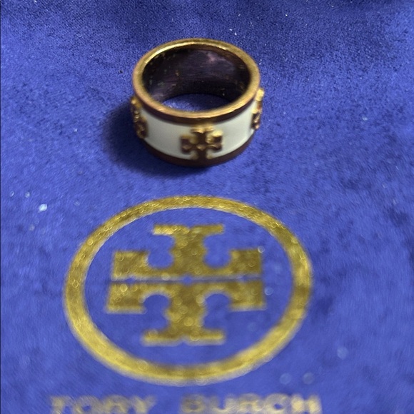Tory Burch Gold and White Logo Enamel Ring, Size 6 - Picture 2 of 6